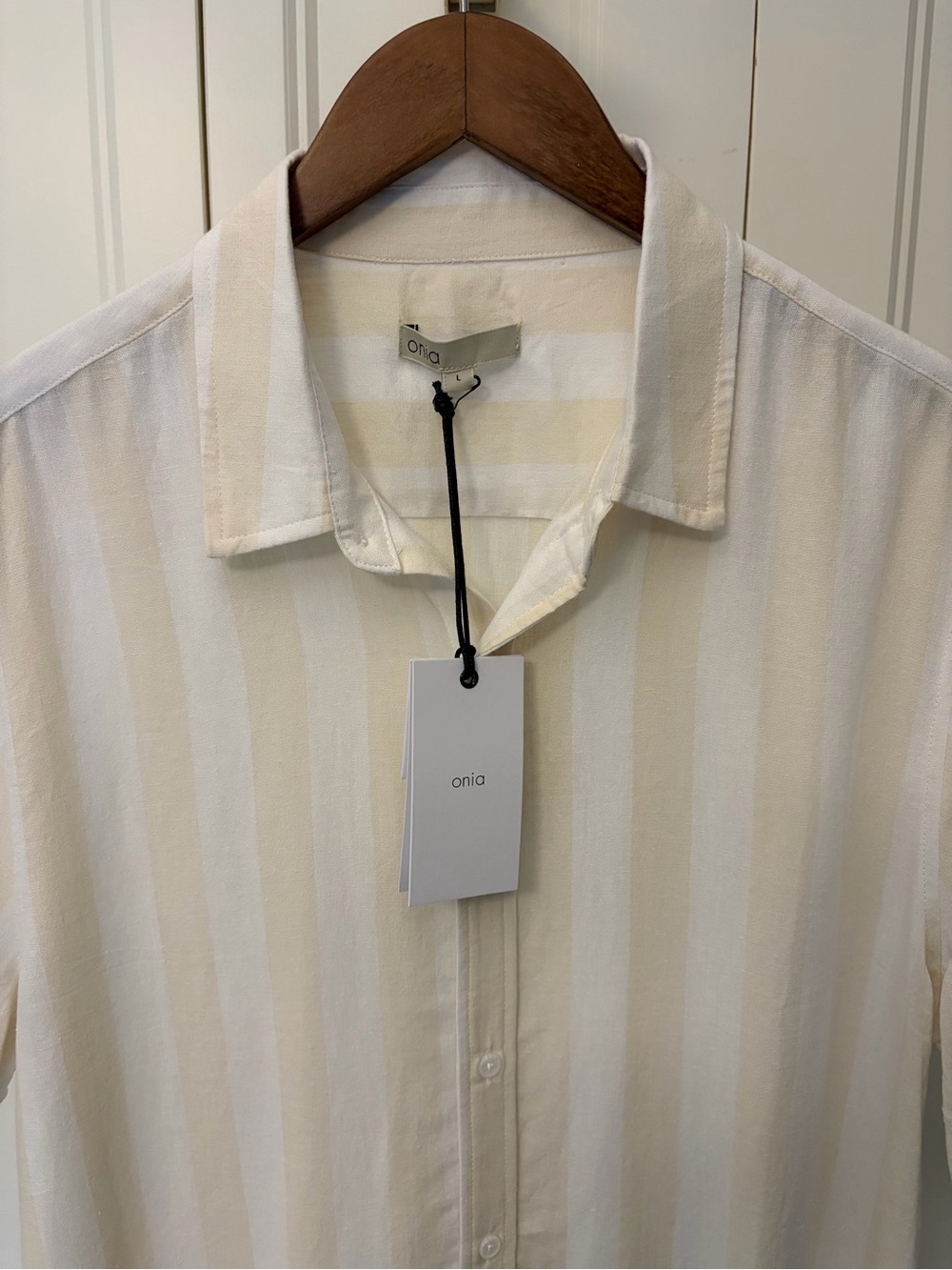Onia Linen Blend Cabana Stripe-Men's Cream-White Short Sleeve Button-Down Shirt